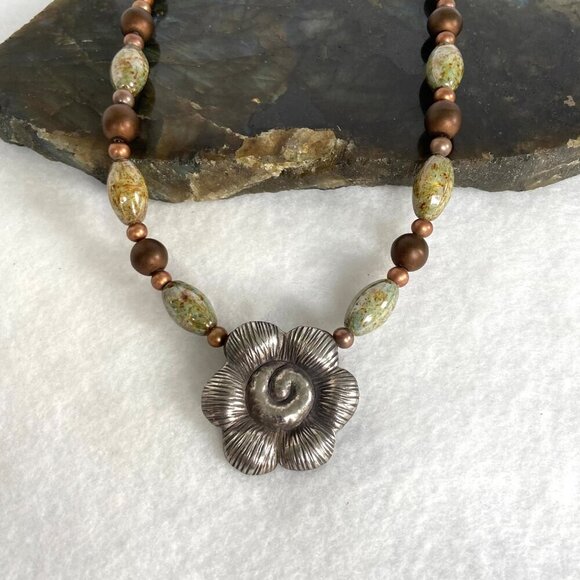 Sterling Silver 925 Floral Flower Bronze Green Glass Beaded Necklace 19.5" - Picture 3 of 16